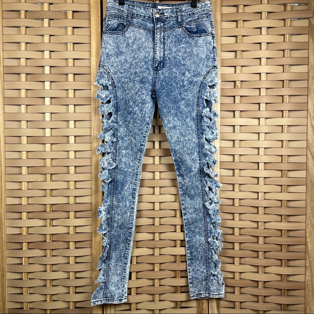 RED FOX Distressed Side Slashed Acid Washed High Rise Jeans 80s